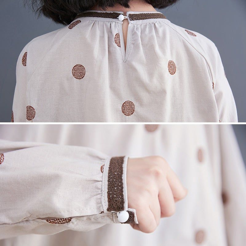 Forår Retro Polka Dot Løs Casual Linned Bluse