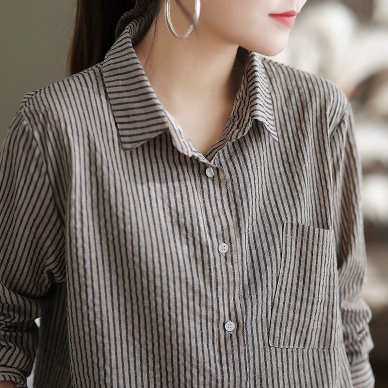 Kvinder Casual Loose Stripe Retro Polo Neck Bomuldsbluse