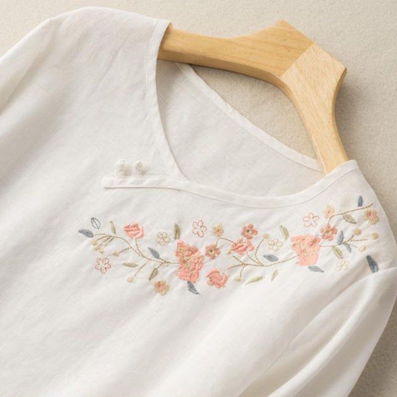 Kvinder Forår Sommer Retro Blomsterbroderi T-shirt I Bomuld