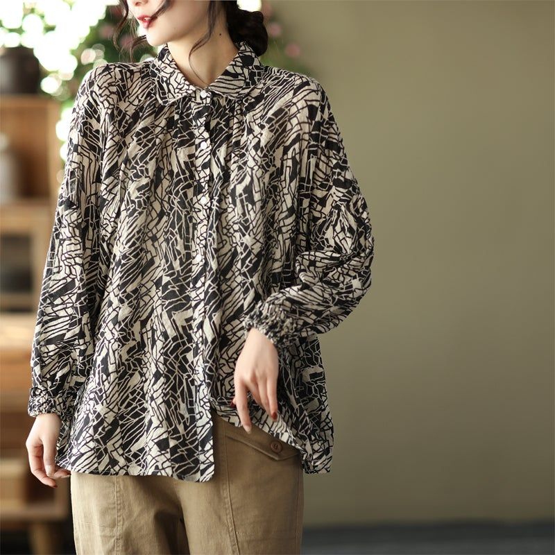 Kvinder Plus Size Retro Print Spring Bomuld Linned Bluse