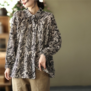 Kvinder Plus Size Retro Print Spring Bomuld Linned Bluse