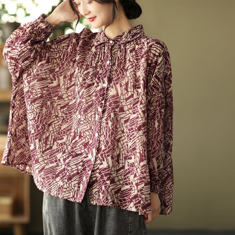 Kvinder Plus Size Retro Print Spring Bomuld Linned Bluse