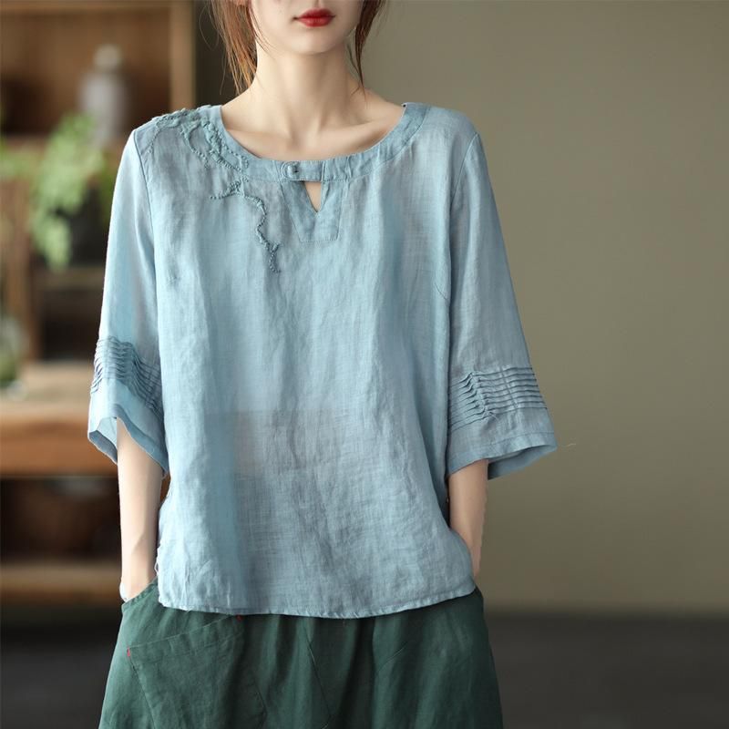 Kvinder Retro Broderi Ensfarvet Pullover Bluse