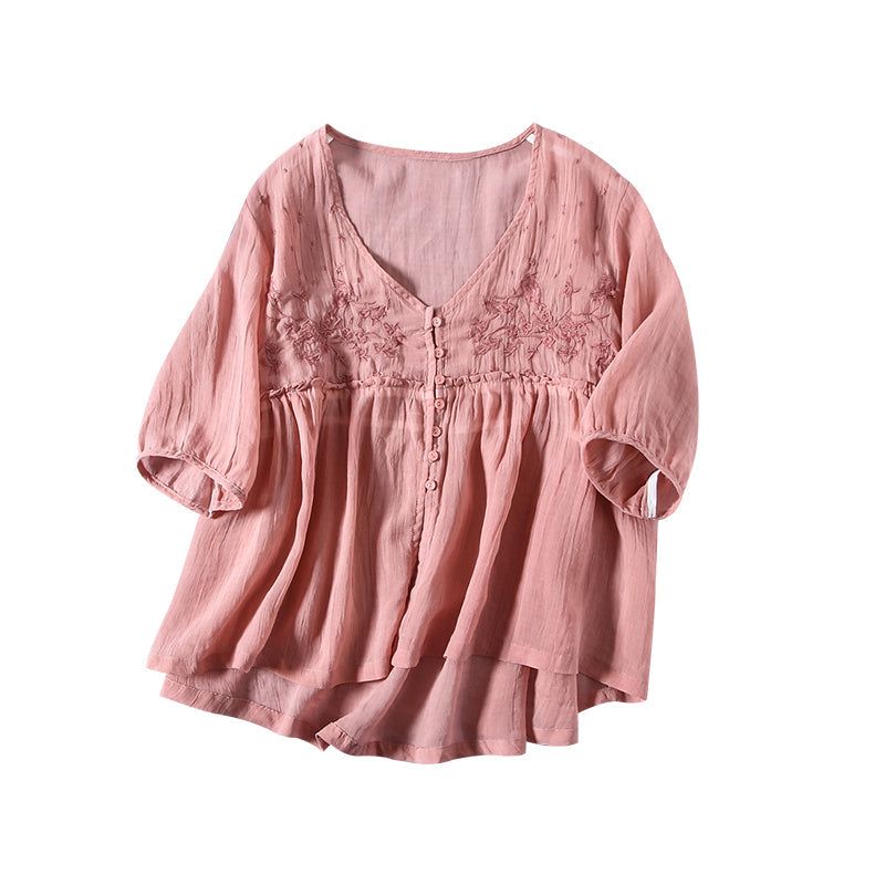 Kvinder Sommer Bomuld Linned Blomstret Ultra Tynd Bluse