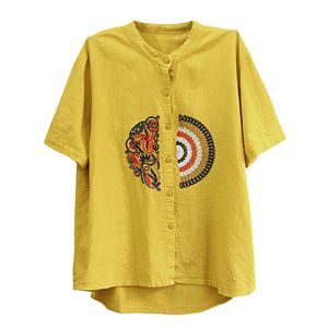 Kvinder Sommer Bomuld Linned Retro Broderi T-shirt