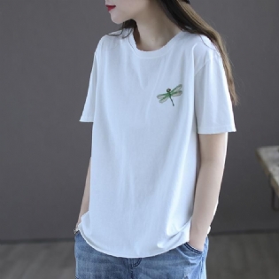 Kvinder Sommer Retro Dragonfly Broderi Bomuld T-shirt