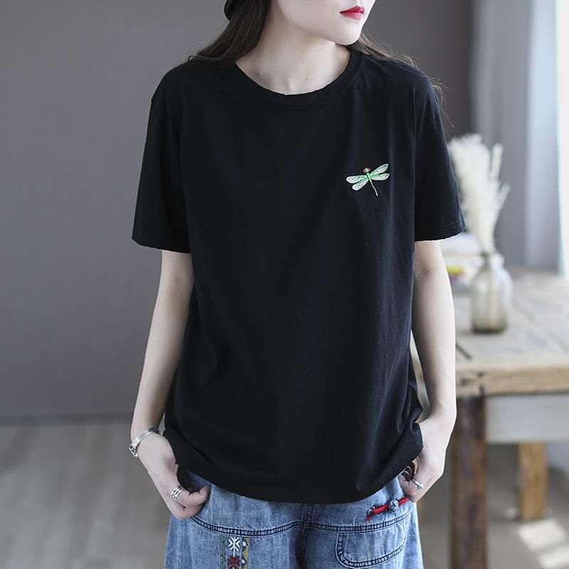 Kvinder Sommer Retro Dragonfly Broderi Bomuld T-shirt