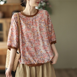 Kvinder Sommer Retro Tencel Linen Floral T-shirt