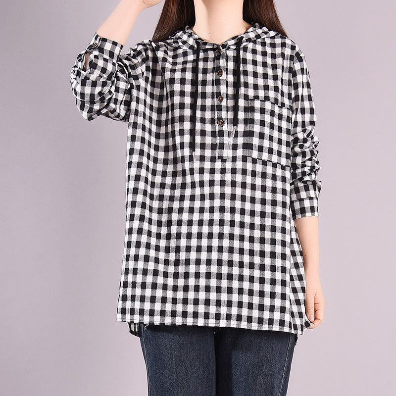 Kvinder Spring Loose Casual Bomuld Hætte Plaid Bluse