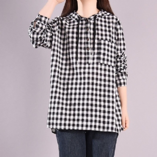 Kvinder Spring Loose Casual Bomuld Hætte Plaid Bluse