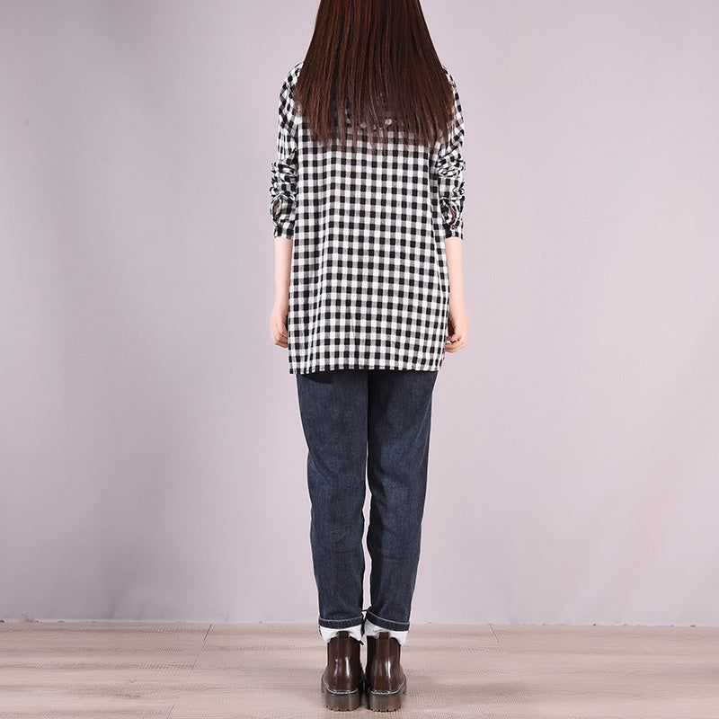 Kvinder Spring Loose Casual Bomuld Hætte Plaid Bluse