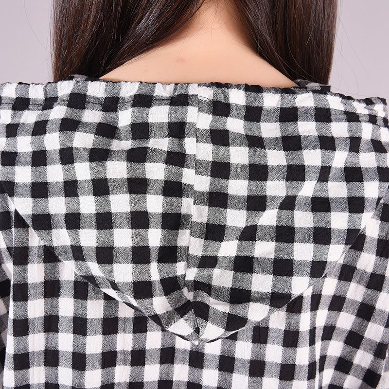 Kvinder Spring Loose Casual Bomuld Hætte Plaid Bluse