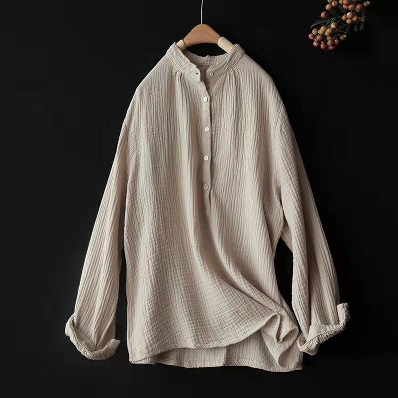 Kvinder Spring Loose Retro Stand Collar Linned Bluse