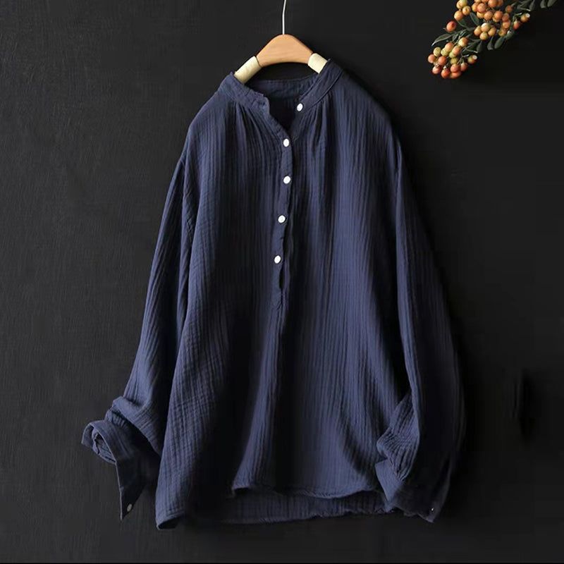 Kvinder Spring Loose Retro Stand Collar Linned Bluse