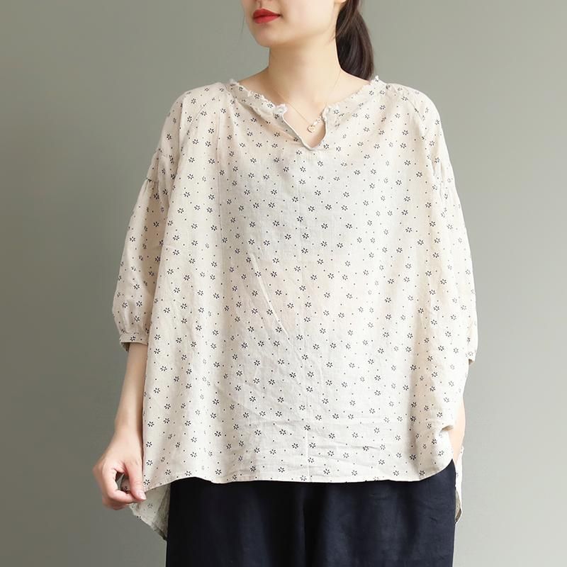 Løs Hør Ny Blomsterprint Polka Dot Komfortabel Bluse