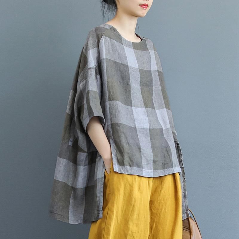 Plaid Kortærmet Rich Linen High Low Bluse