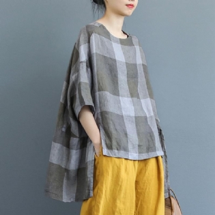 Plaid Kortærmet Rich Linen High Low Bluse