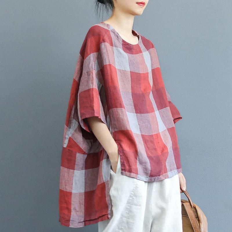 Plaid Kortærmet Rich Linen High Low Bluse