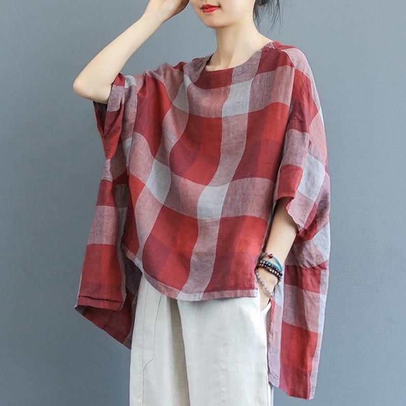 Plaid Kortærmet Rich Linen High Low Bluse