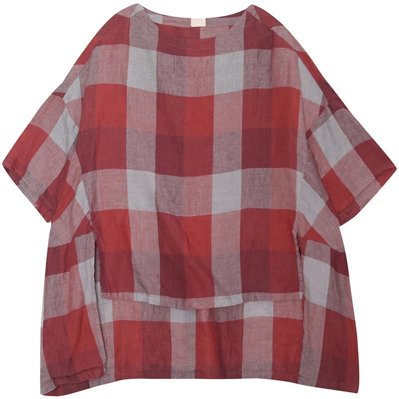 Plaid Kortærmet Rich Linen High Low Bluse