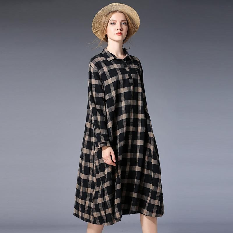 Plus Size Damer Plaid Shirt Langærmet Kjole