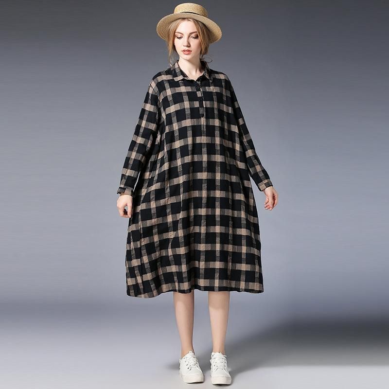 Plus Size Damer Plaid Shirt Langærmet Kjole