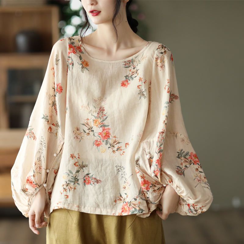 Plus Size Damer Spring Loose Linen Floral Bluse