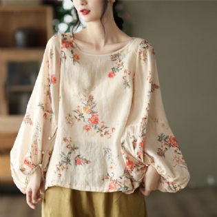 Plus Size Damer Spring Loose Linen Floral Bluse