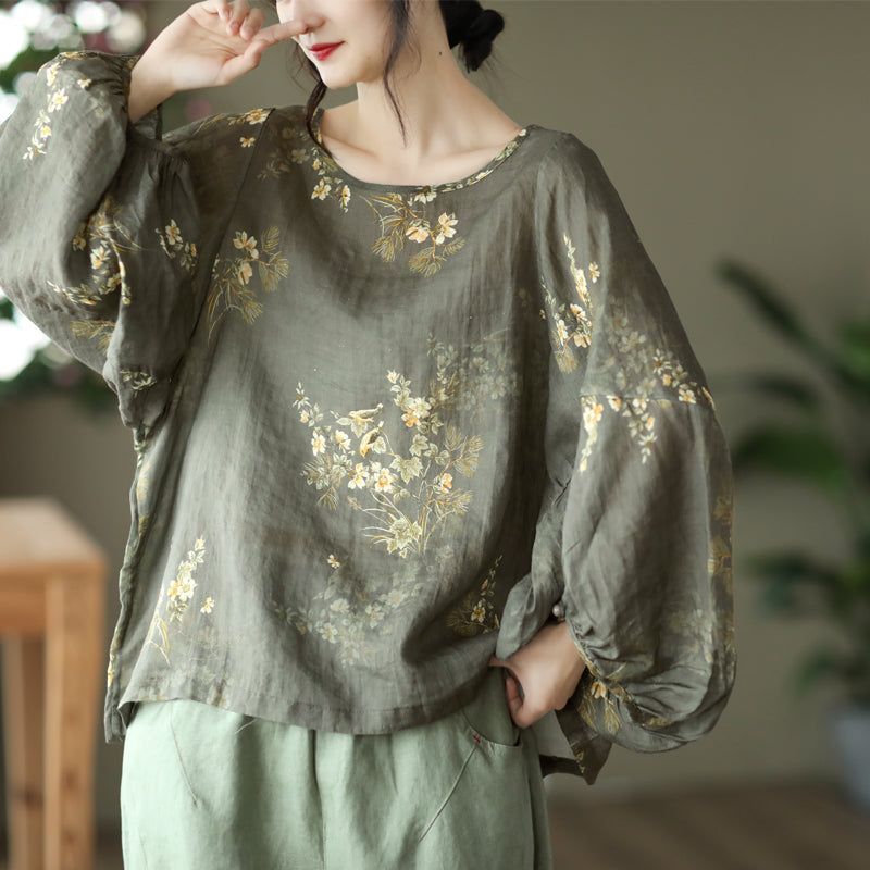 Plus Size Damer Spring Loose Linen Floral Bluse