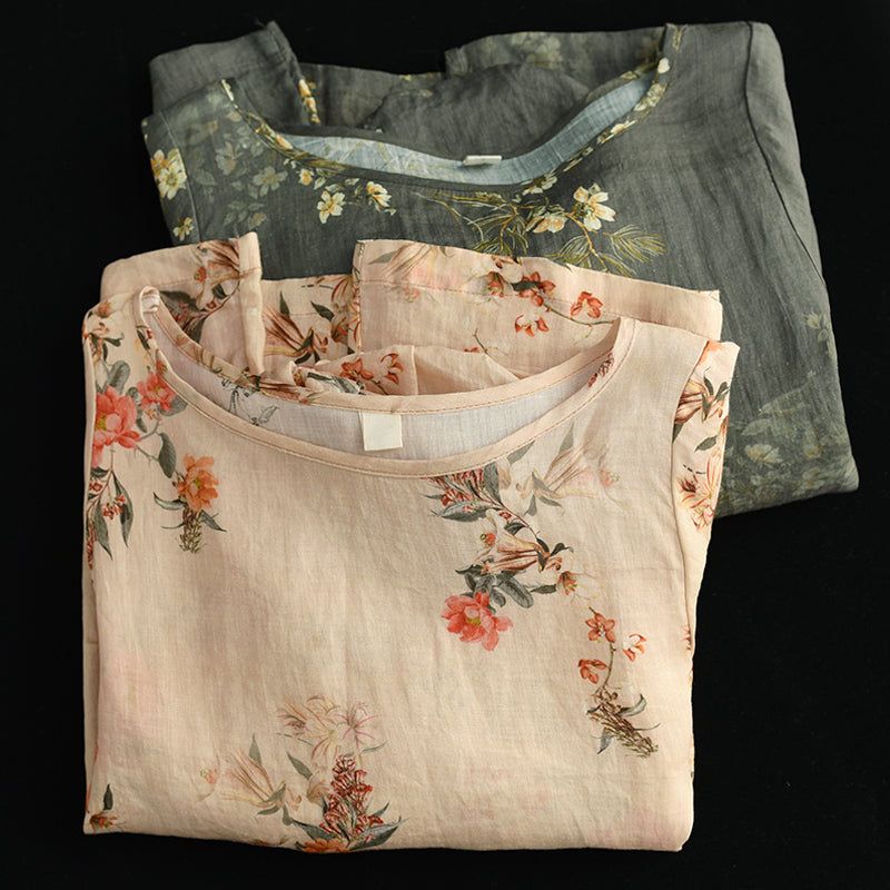 Plus Size Damer Spring Loose Linen Floral Bluse