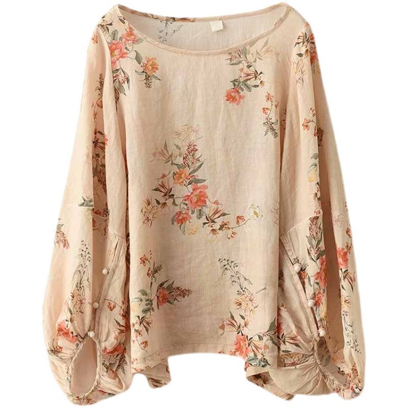 Plus Size Damer Spring Loose Linen Floral Bluse