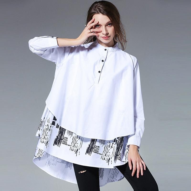 Plus Size Fashion Print Stand Collar Shirt