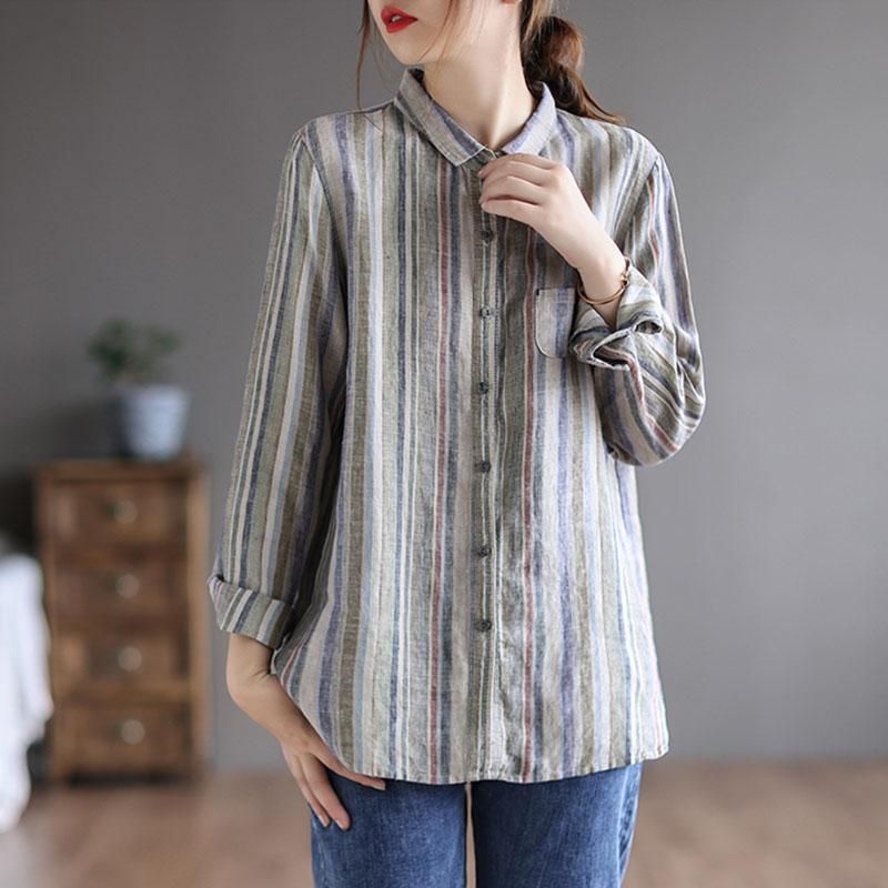 Retro Linen Langærmet Loose Stripe Bluse