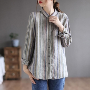 Retro Linen Langærmet Loose Stripe Bluse