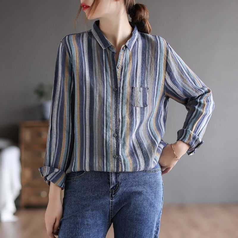 Retro Linen Langærmet Loose Stripe Bluse