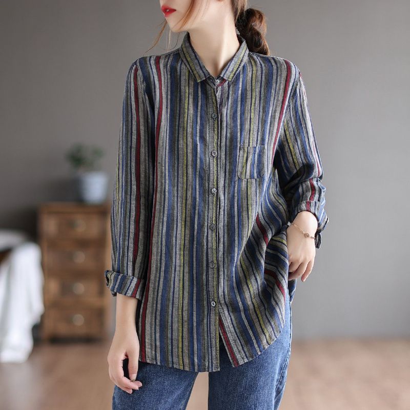 Retro Linen Langærmet Loose Stripe Bluse