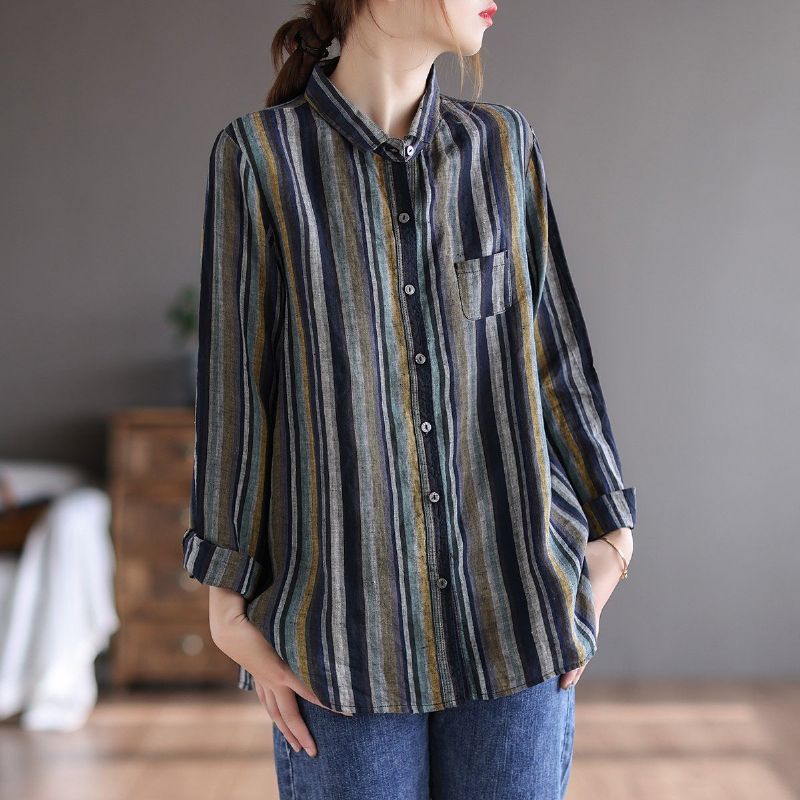 Retro Linen Langærmet Loose Stripe Bluse