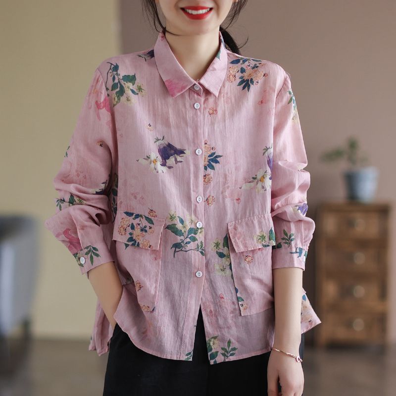 Retro Linned Kvinder Blomster Løs Casual Bluse