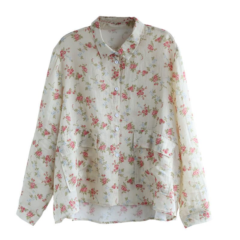 Retro Linned Kvinder Blomster Løs Casual Bluse