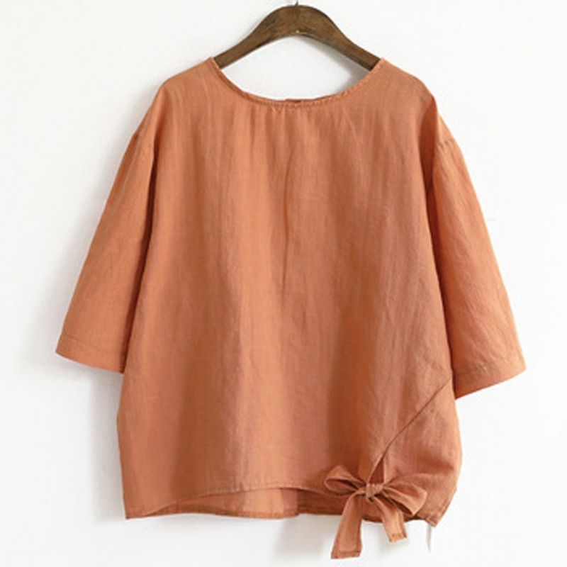 Solid Bomuld Linned Front Knot Casual Bluse