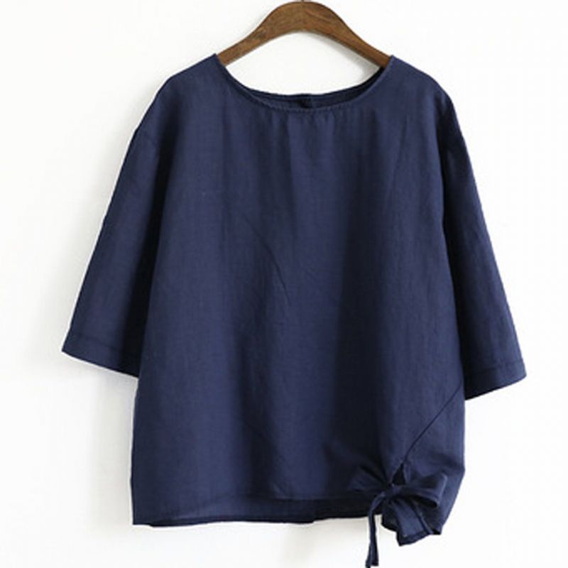 Solid Bomuld Linned Front Knot Casual Bluse