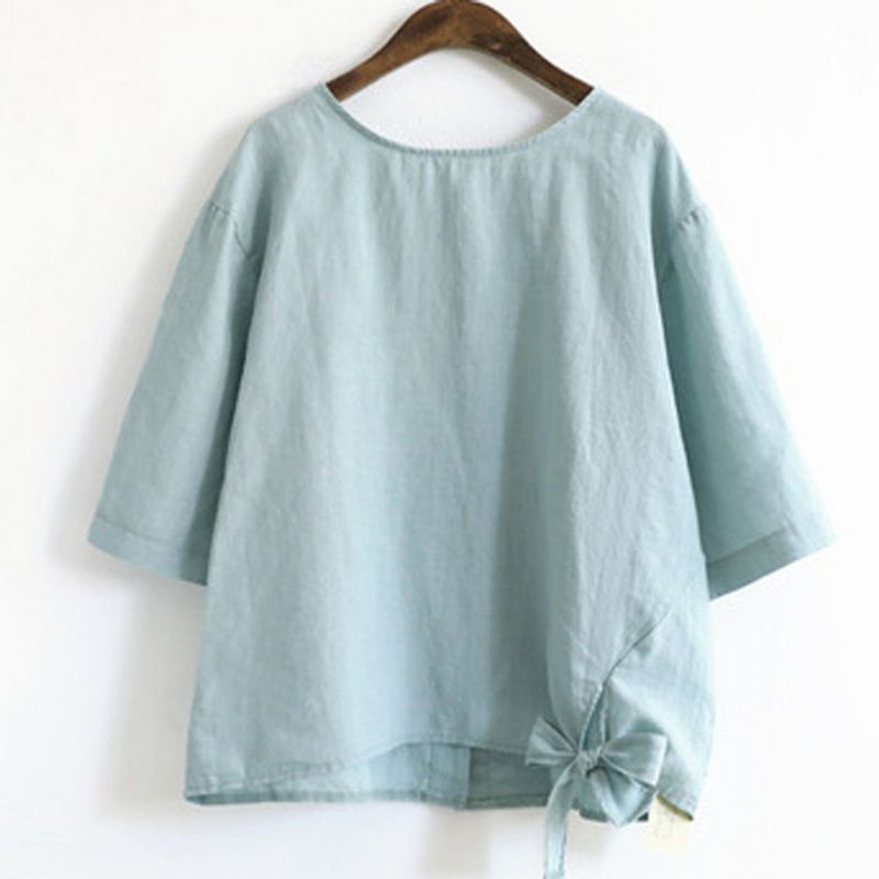 Solid Bomuld Linned Front Knot Casual Bluse