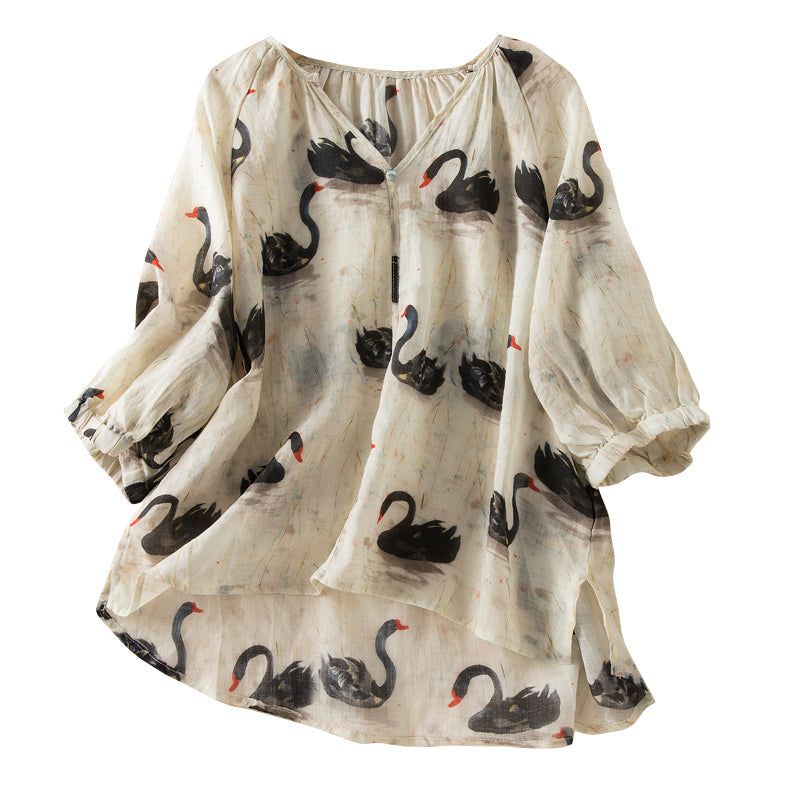 Sommer Damer Retro Swan Printet Tynd Linned Bluse