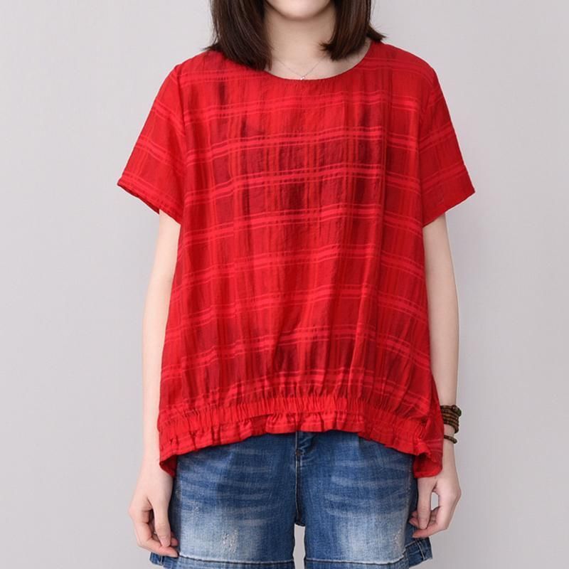 Sommer Kortærmet Patchwork Plaid Bluse