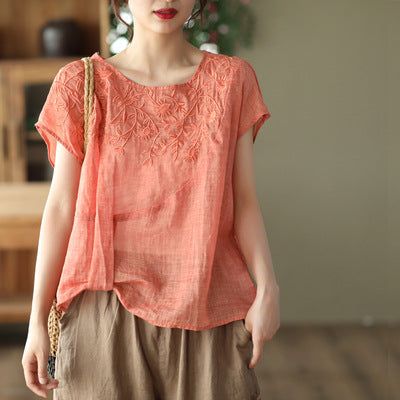 Sommer Retro Broderi Tynd Linned Bluse