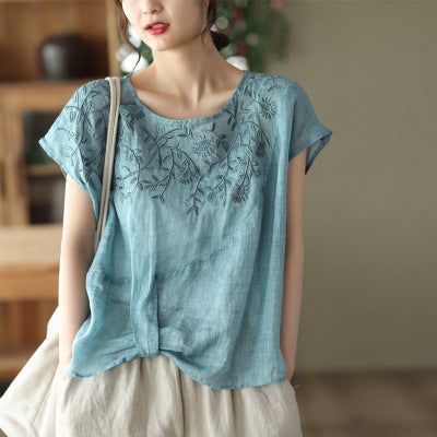 Sommer Retro Broderi Tynd Linned Bluse