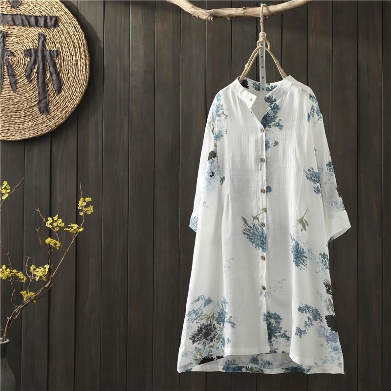 Sommer Retro Tynd Bomuld Lang Bluse