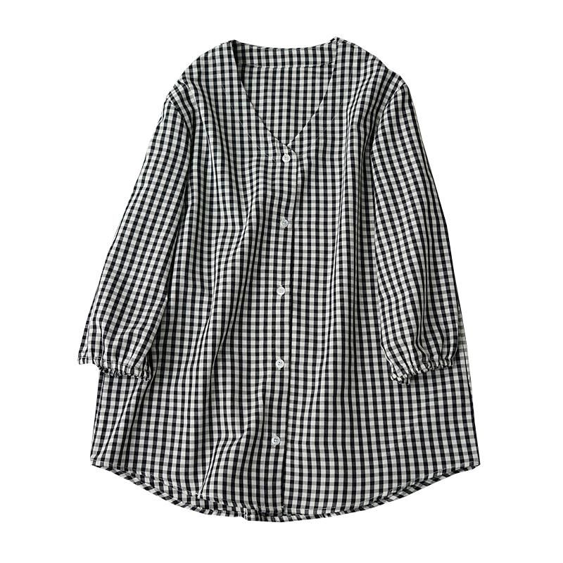 Sommer V-hals Bomuld Top Komfortabel Plaid Skjorte