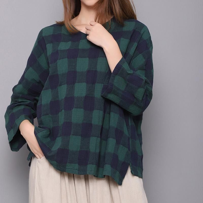 Spring Bomuld Linned Plaid Dameskjorte