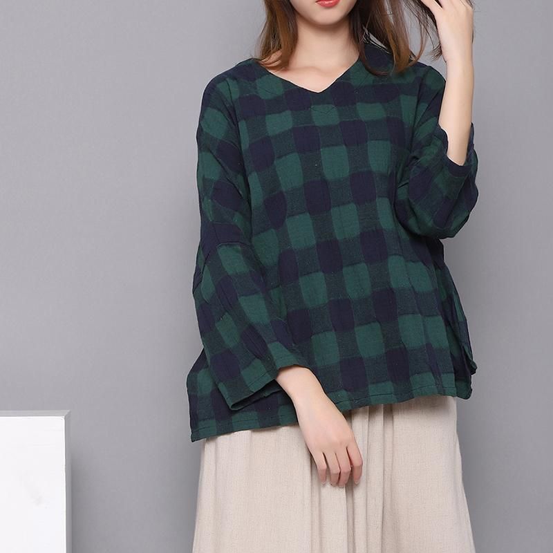 Spring Bomuld Linned Plaid Dameskjorte